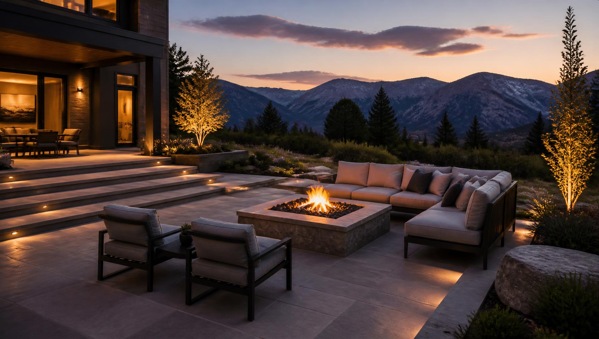Stone patio with a fire pit at dusk overlooking the mountains